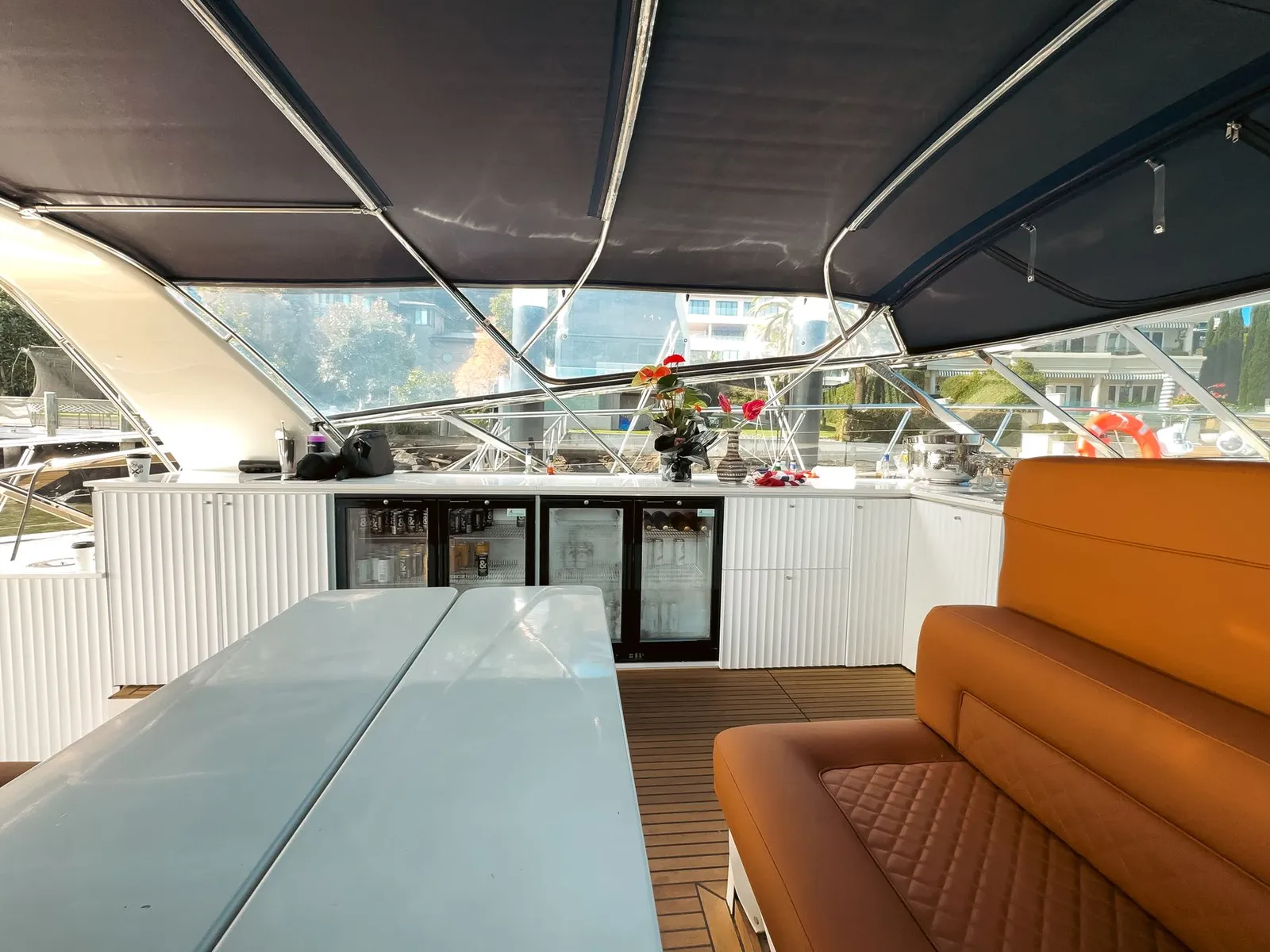 The shaded main deck set for an event