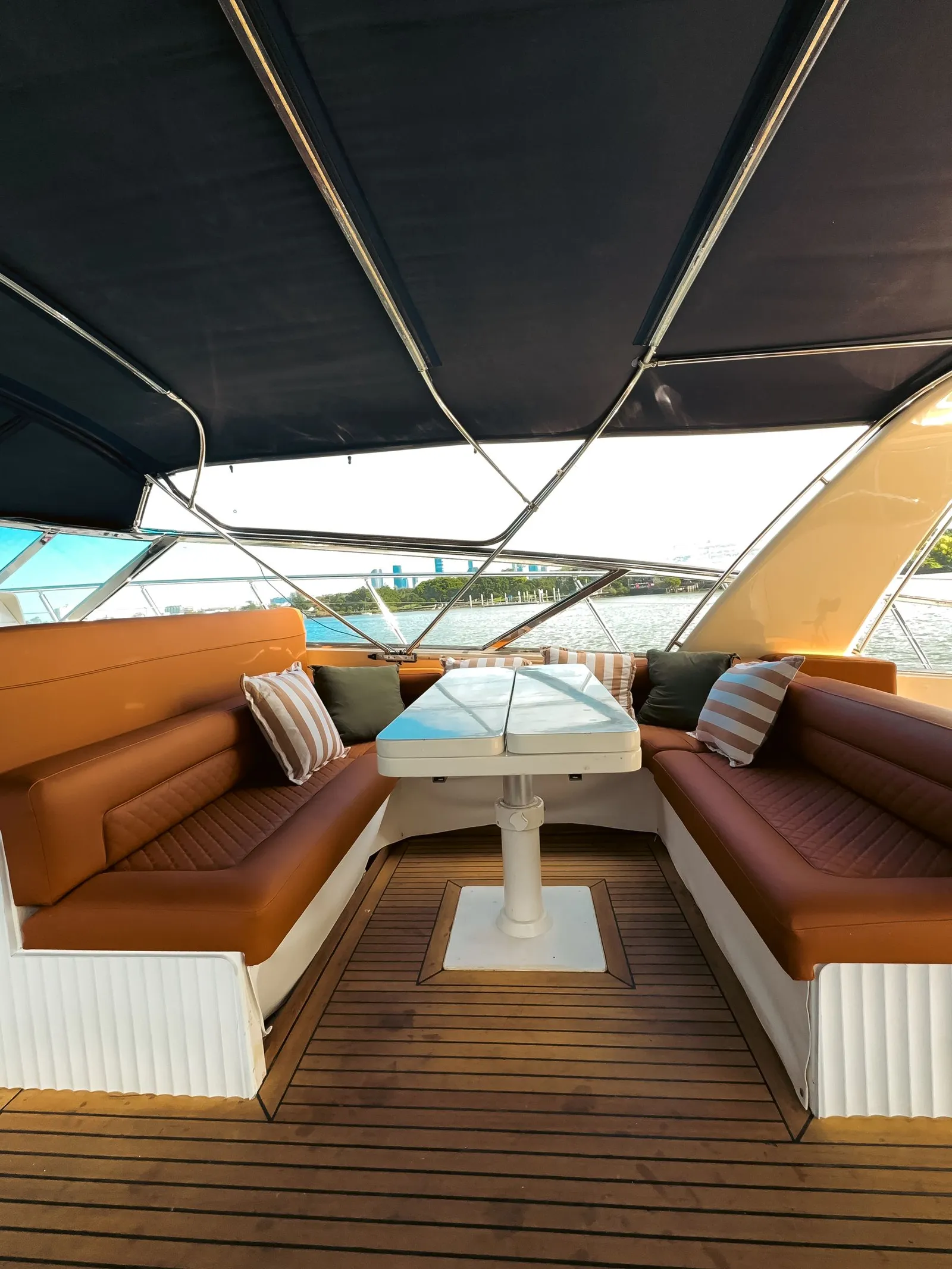 Shaded deck lounge set for a celebration on Bote Charters