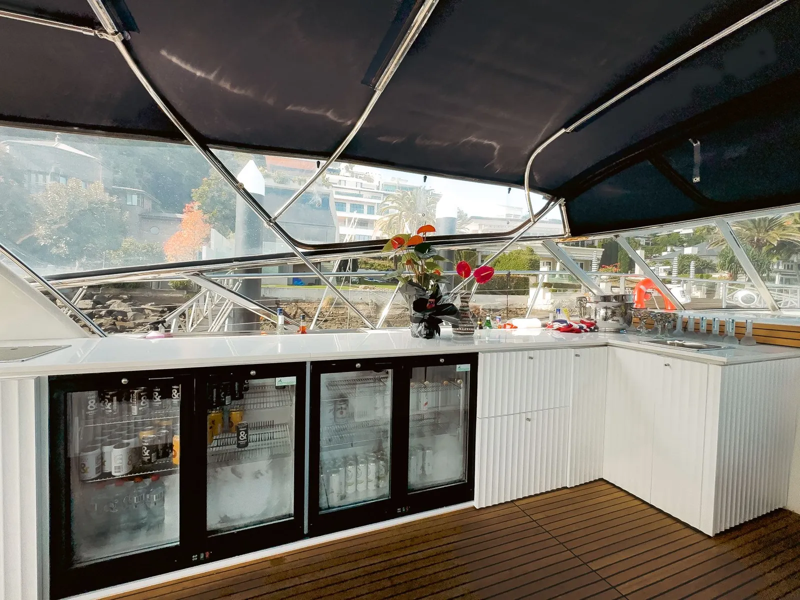 The on-board bar of the Bote Charters yacht