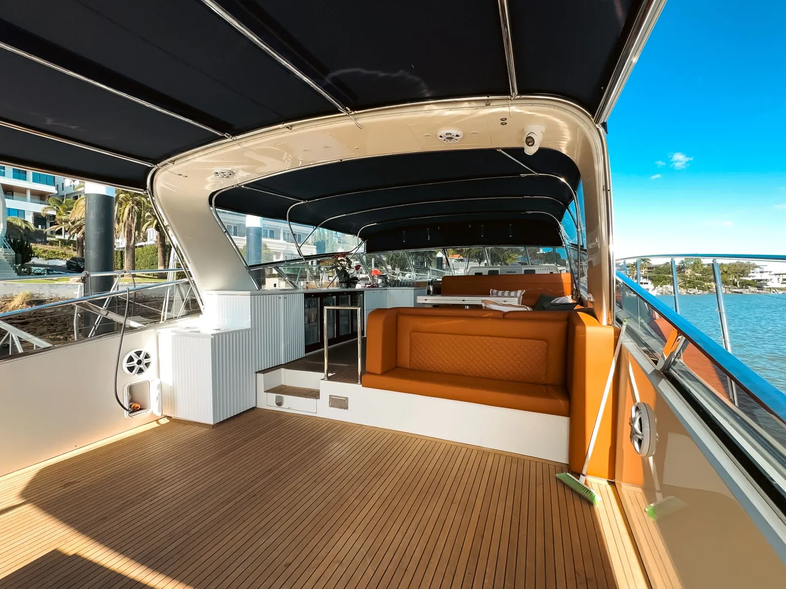 Teak aft deck of the Bote Charters yacht ready for a party