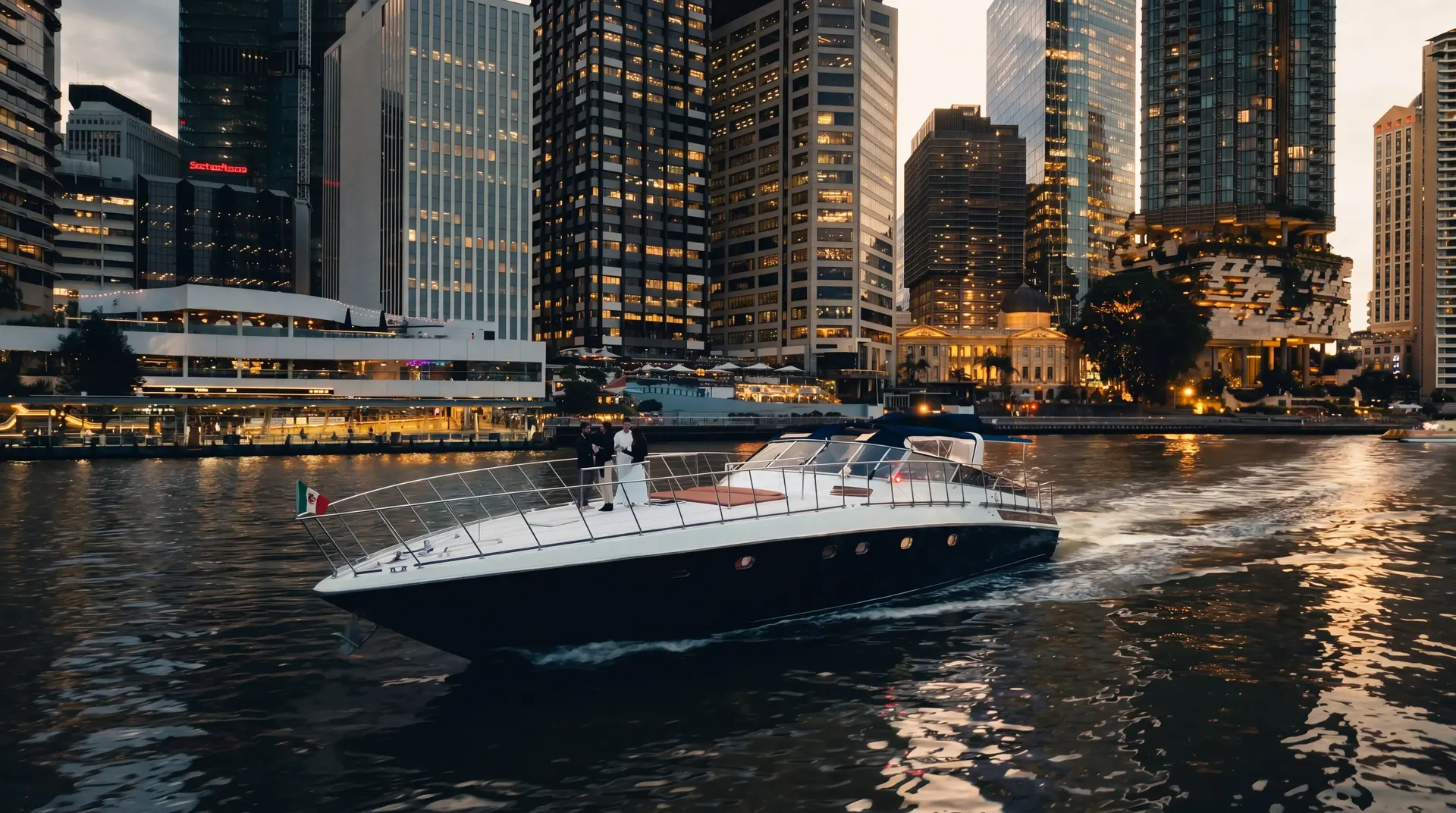 Brisbane city skyline viewed from the water on a Bote charter