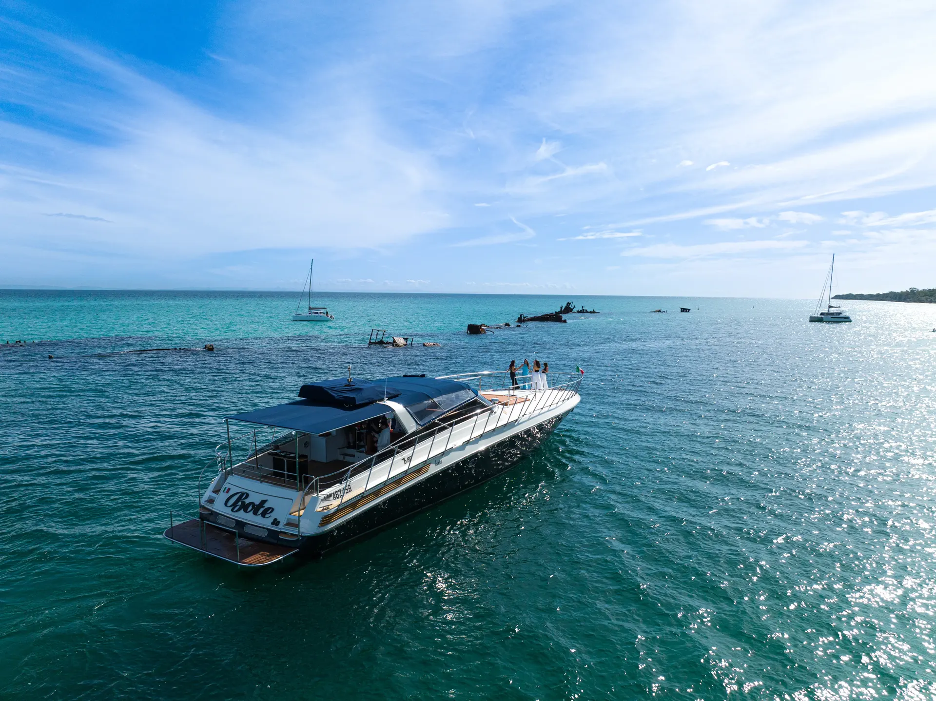 Aerial view of the 80ft Bote Charters motor yacht on Moreton Bay