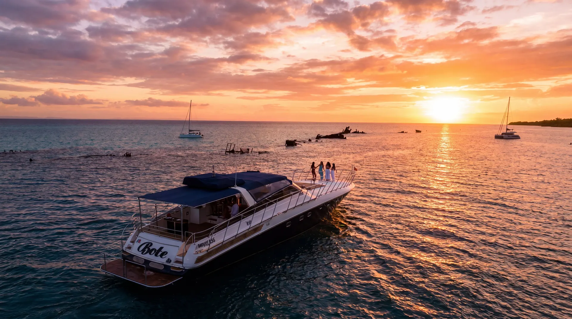 Guests enjoying a party on the deck of the Bote Charters luxury yacht